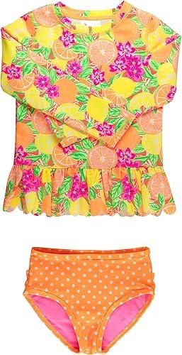 RuffleButts Baby/Toddler Girls Scalloped Long Sleeve Rash Guard 2-Piece UPF50+ Sun Protected Swimsuit