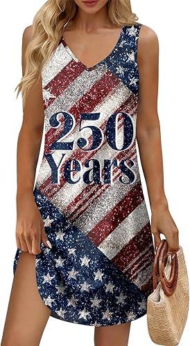 Women's Retro 250Th Anniversary USA Red Blue and White Floral Sleeveless Patriotic Short Tank Dress, S-3Xl