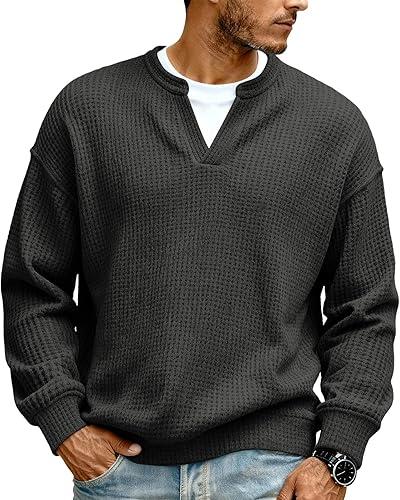 Sweat Shirt for Mens Long Sleeve Waffle Knit Pullover Sweaters Lightweight Ribbed Casual V Neck Henley Shirts