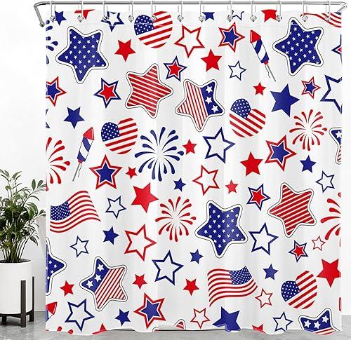 LB 4th of July Patriotic Shower Curtain for Bathroom, Independence Day Memorial Day Fabric Shower Curtain with Hooks,American Flag Red White and Blue Bathroom Curtain Shower Set, 72" W x 72" L