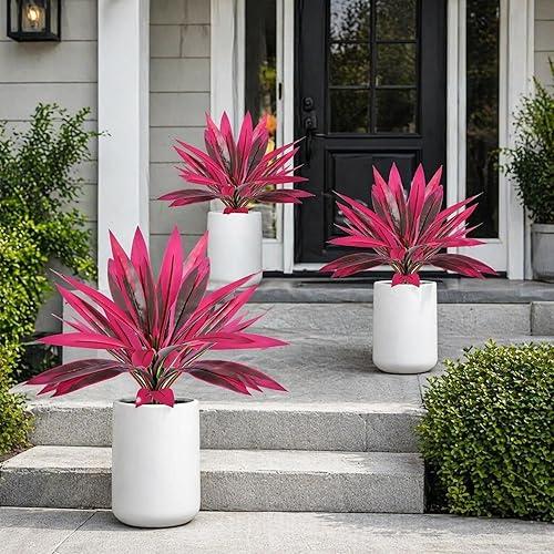 Large Realistic Artificial Boston Fern & Dragon's Blood Tree Plants, UV Resistant Fake Ferns for Outdoors Garden Yard Home Decor (Pink,6)