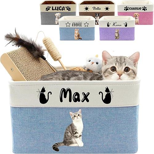 Customized Pet Toy Storage Basket - Personalized Dog & Cat Toy Organizer with Name, Foldable & Durable Fabric Bin for Pet Supplies, Organizer for Toys, Coats, Clothing, Blankets Blue
