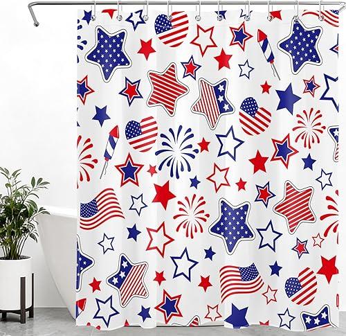 LB 4th of July Shower Curtain for Bathroom, Independence Day Memorial Day Patriotic Fabric Shower Curtain with Hooks,American Flag Red White and Blue Bathroom Curtain Shower Set, 60" W x 72" L