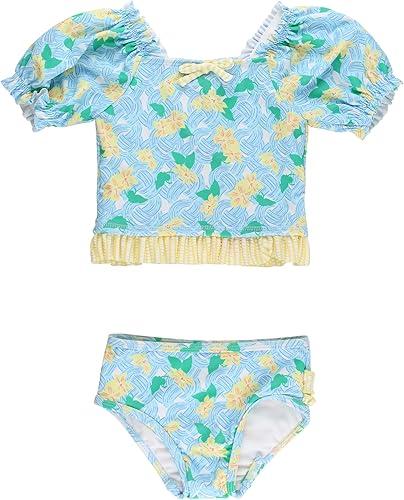 RuffleButts Baby/Toddler Girls UPF50+ Puff Sleeve Ruffle Tankini 2-Piece Swimsuit