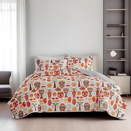 ITFRO Quilt Set Queen Size Bedding Sets Ultra Soft Microfiber Comforter Set Lightweight Boho Print Bedspread Coverlet for All Season with 2 Shams Orange-Red (Facebook, Queen) | Soft Lightweight