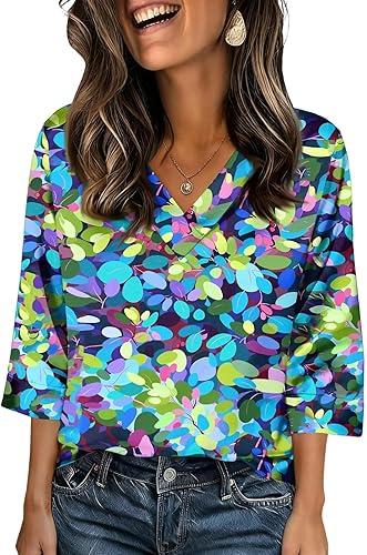 T Shirts for Women 2026 Summer Casual V-Neck 3/4 Length Sleeve Printing Top Fashion Business Loose Lightweight Blouse
