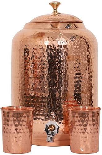 Indian Handmade Hand Hammered Pure Copper Water Dispenser Pot 4 Liter Ayurveda Healing Water Storage Tank Copper Bottle Mug Pitcher With 2 Hammered Glasses