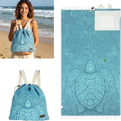 2-in-1 Convertible Towel & Backpack with Inner Zip Pocket & Sand-Proof Fabric, Oversized Wearable Beach Bag, Quick-Dry Packable Mat for Camping, Vacation & Beach (A)