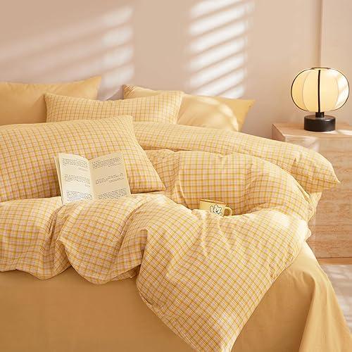 EAVD Yellow Plaid Comforter Set Queen Modern Gingham Comforter Set 3 Pieces Reversible Grid Plaid Bedding Set with 2 Pillowcases Farmhouse Gingham Bedding Set for All-Season