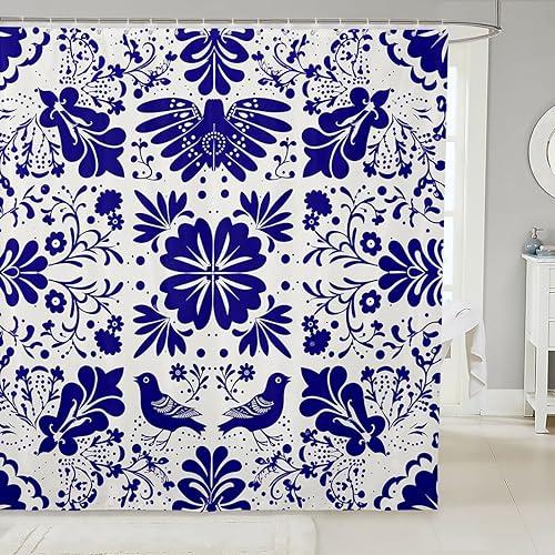Erosebridal Mexican Talavera Tile Shower Curtain - Vintage Floral Mexico Bathroom Decor, Ethnic Patchwork Bathroom Set 72 x 72 Inch for Kids Adults, Blue White Flower Aesthetic Fabric Shower Curtain