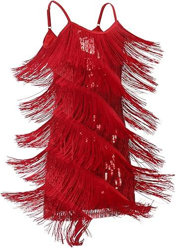 IDOPIP Kids Girls 1920s Flapper Dress Tassels Sequins Fringe Latin Dance Dress Gatsby Halloween Party Ballroom Dance Costumes