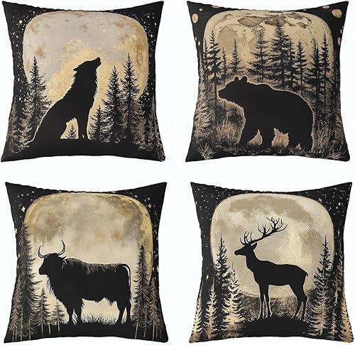 Feelyou Bear Throw Pillow Covers Set of 4 Rustic Bear Cushion Case Deer Hunting Decor Pillowcase Wolf Cow Farmhouse Black Yellow White 16"X 16" Indoor Outdoor