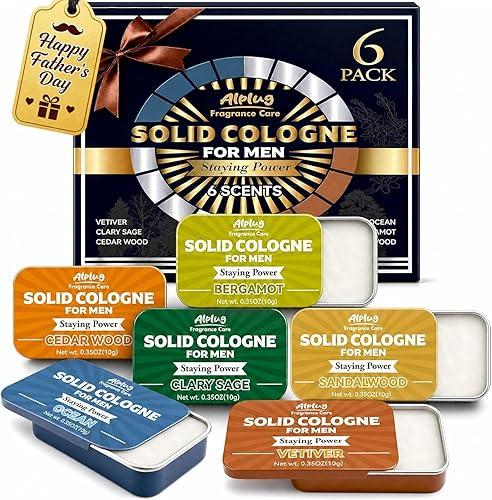 6 Pack Solid Cologne Gifts for Men, Fathers Day Gift for Dad Husband from Wife Daughter, Mens Cologne Gifts with Cedar Wood, Bergamot, Sandalwood, Clary Sage, Vetiver, Ocean Perfume, Travel Gift