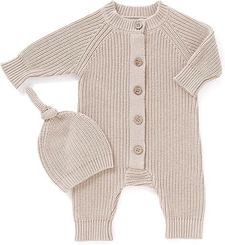 mimixiong Cotton Baby Romper Newborn Baby Knitted Clothes Longsleeve Sweater Outfit for Boy and Girls with Warm Hat Set