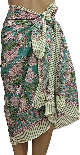 100% Cotton Hand Block Print Pareo Sarong Swimsuit Wrap Skirt Cover Up Long Women’s Apparel Fabric Beach Bikni (73" x 44")