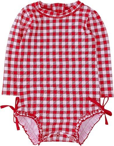 RuffleButts Baby Girls UPF 50+ Sun Protection Gingham Printed Long Sleeve One Piece Rash Guard Swimsuit with Zipper