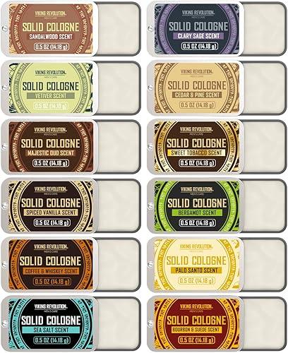 Viking Revolution Solid Cologne 12pk for Men - Men's Cologne Gift Set with Sandalwood, Vetiver, Palo Santo, Coffee Whiskey, Spiced Vanilla, Bourbon Suede - Travel Size Gifts for Men (0.5 Oz each)