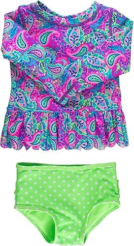 RuffleButts Baby/Toddler Girls Scalloped Long Sleeve Rash Guard 2-Piece UPF50+ Sun Protected Swimsuit