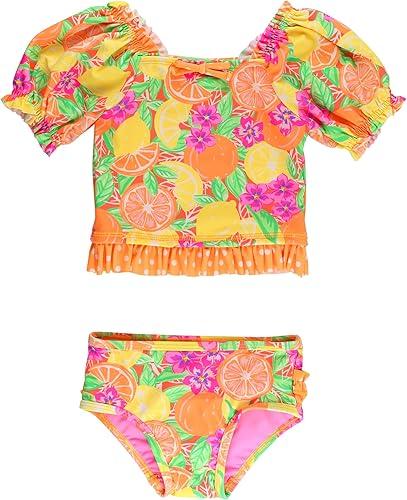 RuffleButts Baby/Toddler Girls UPF50+ Puff Sleeve Ruffle Tankini 2-Piece Swimsuit