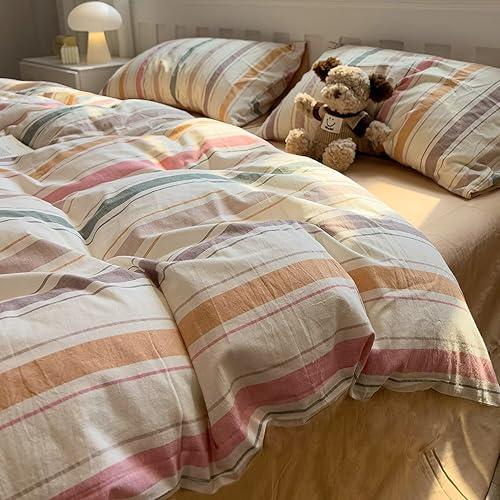MKXI Washed Cotton Duvet Cover Set Retro Stripes in Autumn Palette 3-Piece Vintage-Style Bedding with Secure Zipper & Ties, for Nostalgic Bedrooms, Dorms & Cozy Spaces (Twin)