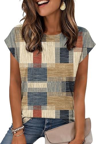 T Shirts for Women Vintage Print Short Sleeve Tops Summer Round Neck Loose Fit Blouses