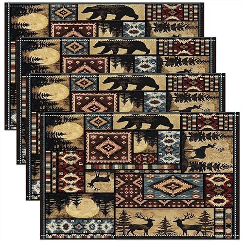 Erosebridal Rustic Bear Placemats 12x18 inch Set of 4,Buffalo Plaid Grid Place mats,Hunting Deer Farmhouse Cabin Table Place Mats,Retro Southwest Aztec Tribal Waterproof Placemats,Brown Red
