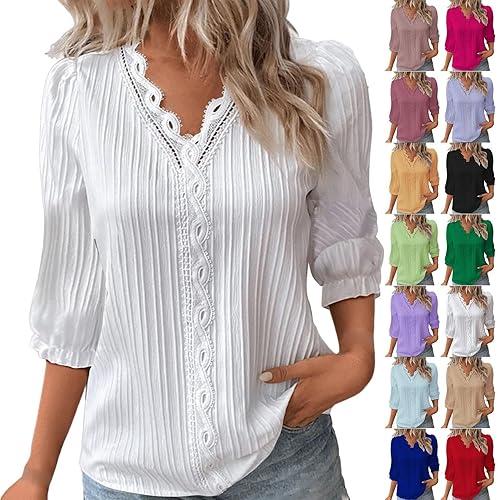 Women Summer Lace Tops Short Sleeve Shirts Dressy Casual Blouses V Neck Basic Tshirts Fashion Tunics Trendy Clothing