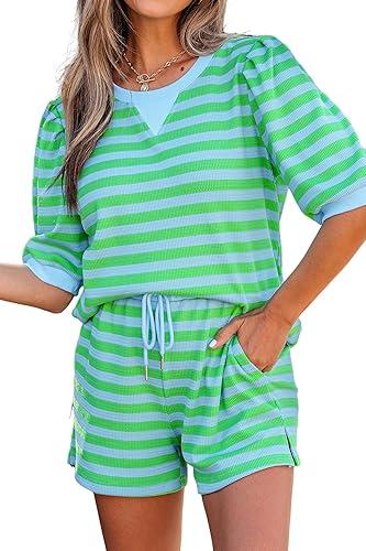 UONBOX Womens Summer 2pc Set Stripe Puff Sleeve T Shirt Matching Short Sweatsuits Casual Drawstring Pockets Lounge Outfits