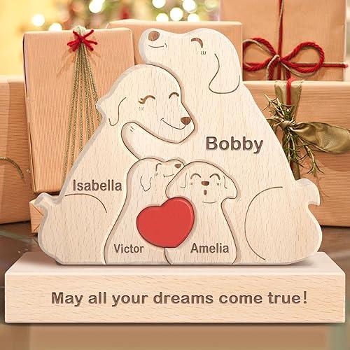 Personalized Wooden Dog Family Puzzle with 1-8 Name, Customized Wooden Animal Jigsaw Sculpture for Home Table Stand Decor, Ideas Gifts for Birthday Christmas Mother's Day Father's Day