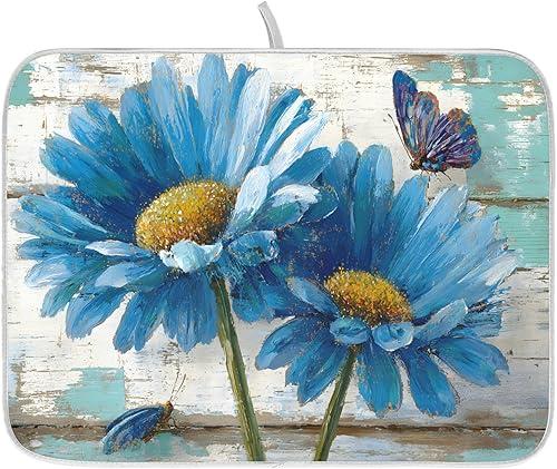 Rustic Daisy Blue on Vintage Wooden Dish Drying Mat for Kitchen Counter Absorbent Microfiber Large Drying Pad Dish mats for Kitchen Countertops 18 x 24 Inch