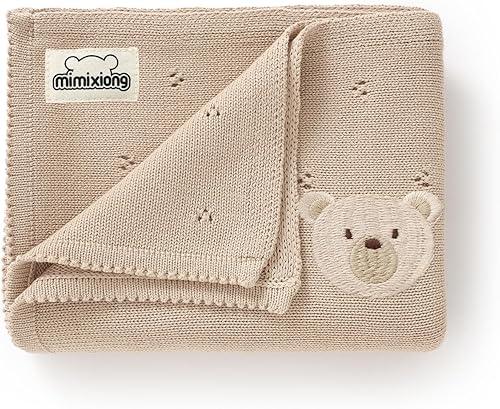 mimixiong Organic Cotton Baby Blanket Neutral Knitted Soft Crib Nursery Swaddling Receiving Blankets for Newborn Baby Boy Girl 40x30 Inch (Oatmeal)
