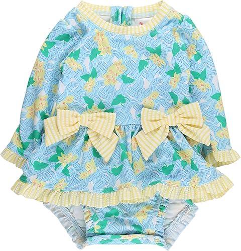 RuffleButts Baby Girls UPF50+ Long Sleeve One Piece Bow Peplum Rash Guard Swimsuit