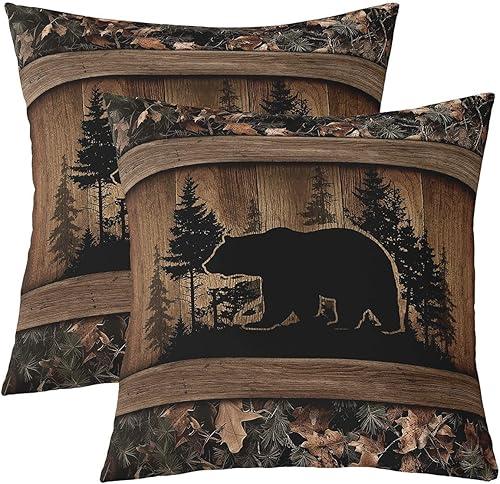 Erosebridal Farmhouse Black Bear Throw Pillow Covers 20x20 Set of 2 Rustic Camo Cushion Cover Country Cabin Lodge Throw Pillow Case for Bed Couch Sofa Woodland Animal Home Decor