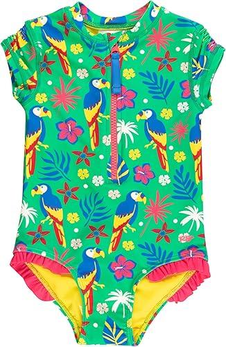 RuffleButts Girls UPF50+ Sun Protection Front Zipper Short Sleeve Rash Guard One Piece Swimsuit