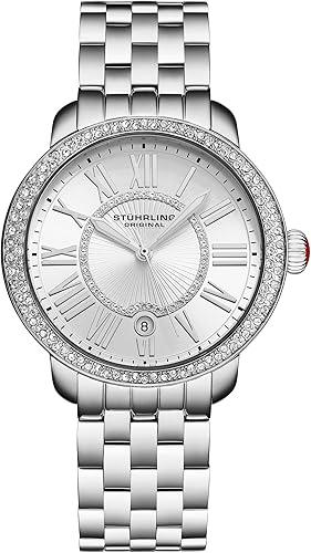 Stuhrling Original Celestia 4080 Women’s 38mm Quartz Watch – Crystal Bezel, Sunray Dial, Roman Numerals, Date Display, Stainless Steel Bracelet, Butterfly Clasp