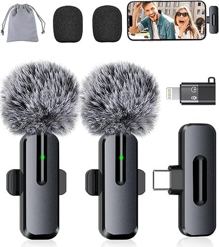 Wireless Mini Microphone for iPhone - 2 Pack Lavalier Bluetooth Microphone for Video Recording, 2 in 1 Noise Reduction Lapel Mic for Ipad, Android,Clip-on Mini Mic for Content Creators Podcast