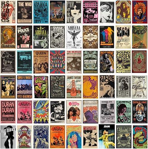 Vintage Rock Band Posters Set, 60 Retro Concert Prints, 70s 80s 90s Music Wall Art, 4x6 Inch, Multicolor Paper Posters, Classic Rock Album Cover Collage for Bedroom, Dorm Room, Man Cave