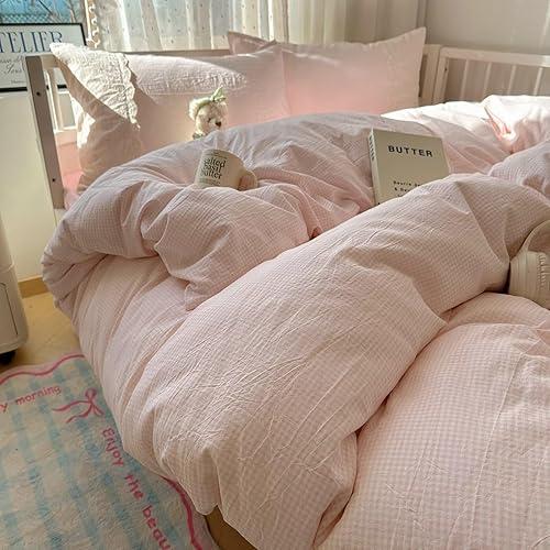 MKXI Vintage Floral Duvet Cover Set Queen - Pink & White Gingham Check with Lace Border, Soft Washed Microfiber 3-Piece Bedding Set for Girls, Teens & Adults, Princess Cottagecore Style
