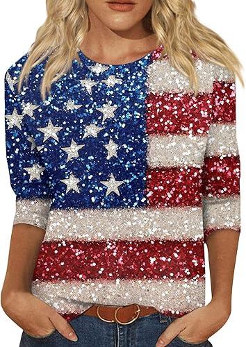 Womens 4Th of July T Shirts 3/4 Length Sleeve Spring Clothing Floral Print Crewneck Holiday Tunic Tops, S-3Xl