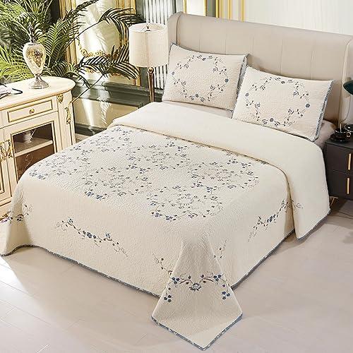 EAVD Vintage Style 3D Embroidery Floral Quilt Set Queen Beige Soft 100% Cotton Reversible Quilt Bedding Set Elegant Embroidery Bedspread Coverlet Set with 2 Pillow Shams for All-Season