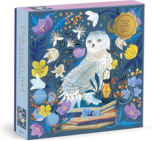 Galison Celestial Owl – 500 Piece Foil Jigsaw Puzzle Featuring Charming Artwork of A Owl Perched On Books Under The Moonlight