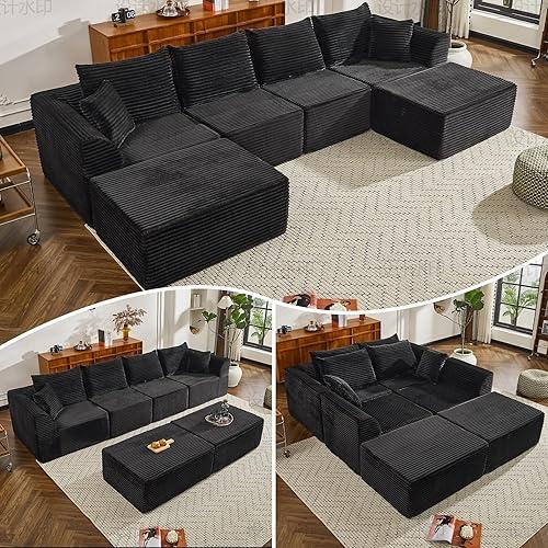 130" Sectional Couches for Living Room，U Shaped Cloud Couch Modular Sectional Sofa ，Modern Fabric Boneless Couch with Deep Seat，6 Seater Corduroy Couches, No Assembly Required