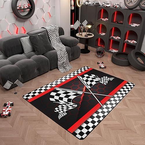 Race Car Area Rug 3'x5',Black White Checkered Flag Print Decor Non Shedding Rug for Kids Teen Adults,Red Stripes Hexagon Honeycomb Decorative Carpet for Playroom Bedroom Dining Room