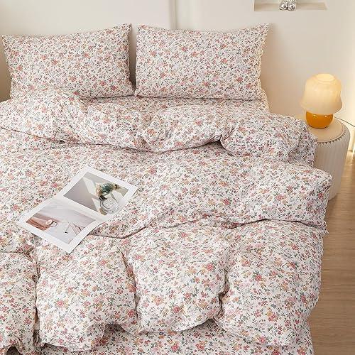 EAVD Boho Vibrant Floral Comforter Set King Soft 100% Cotton Garden Colorful Spring Floral Bedding Set with 2 Pillowcases Chic Shabby Cottagecore Botanical Comforter Set for All-Season