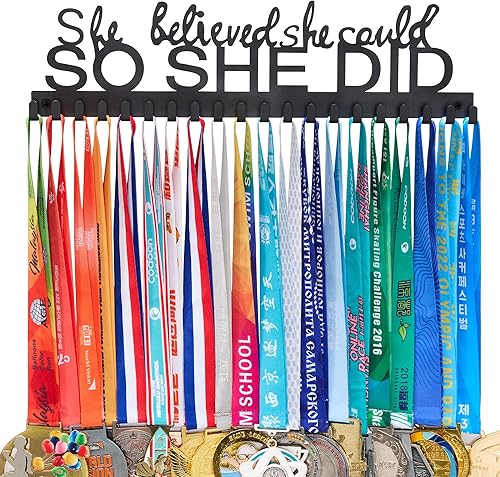 Goutoports Medal Holder Display Hanger - She Believed She Could She Did - Personalized Medal Wall Hanger for Sport Race Runner Sturdy Black Steel Metal Over 60 Medals Easy to Install