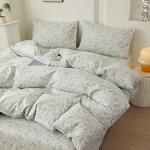 EAVD Vintage Garden White Floral Duvet Cover Twin Sage Green Soft 100% Cotton Chic Shabby Cottagecore Floral Bedding Set with 2 Pillowcases Aesthetic Botanical Duvet Cover with Zipper Closure