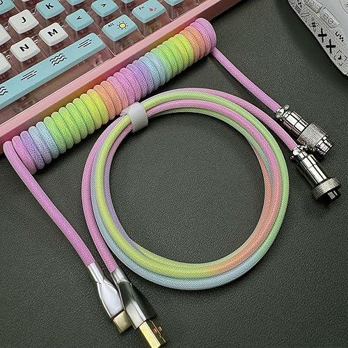 Mechanical Keyboard Aviation Plug Data Cable, Supporting 8KHz Magnetic Axis Keyboard Return Rate, USB-A to Type C Spiral Wear-Resistant Braided Cable, 1.8 Meters (Rainbow)