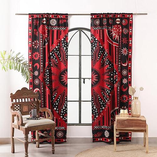 Popular Handicrafts Red Burning Sun Hippie Mandala Curtains 100 Inch Length for Living Room Bedroom 2 Panels Set Light Filtering Semi Sheer Window Curtains 84 Inch Width Boho Farmhouse Drapes W84xL100