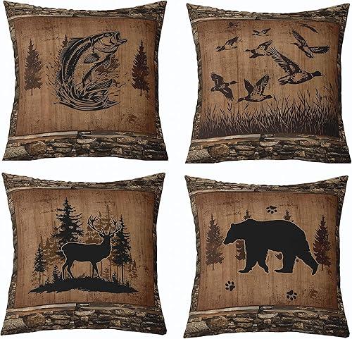 Feelyou Bear Throw Pillow Covers 18"x18" Set of 4 Soft Rustic Deer Cushion Case Fish Decor Pillowcase Mallard Duck Black Brown Indoor Outdoor