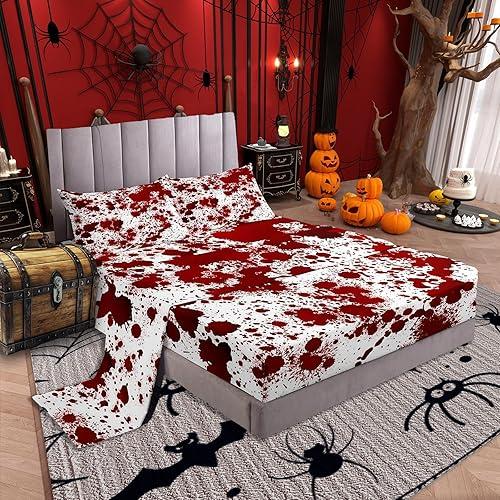 Red Tie Dye Bottom Sheet King Size,Halloween Decor Bedding Set 4pcs for Kids Teens Adults Bedroom,Gothic Horror Style Sheet Set Cartoon Hand Painted Graffiti Fitted Sheet+Flat+2 Pillowcases